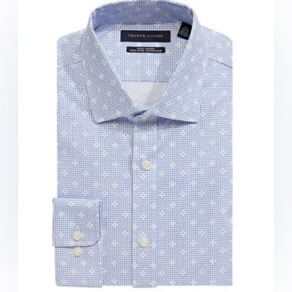 Tommy Hilfiger Printed Cotton-Blend Slim Dress Shirt-BLUE-15.5-34/35 - Picture 1 of 4
